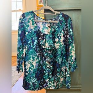 East 5th Teal and Blue Patterned Ruffle Blouse